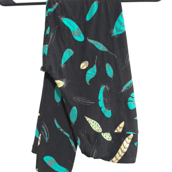 LuLaRoe One Size Black Teal Feather Print Buttery Soft Leggings - Picture 1 of 4